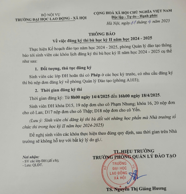 Thông báo đăng ký thi bù học kỳ 2 năm học 2024 - 2025